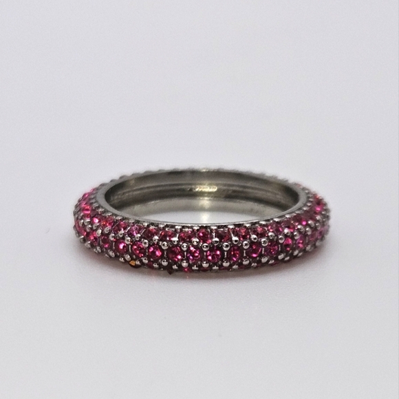 Set of Pink Red and Blue CZ Silver Matching Stackable Eternity Band Rings - Picture 5 of 10